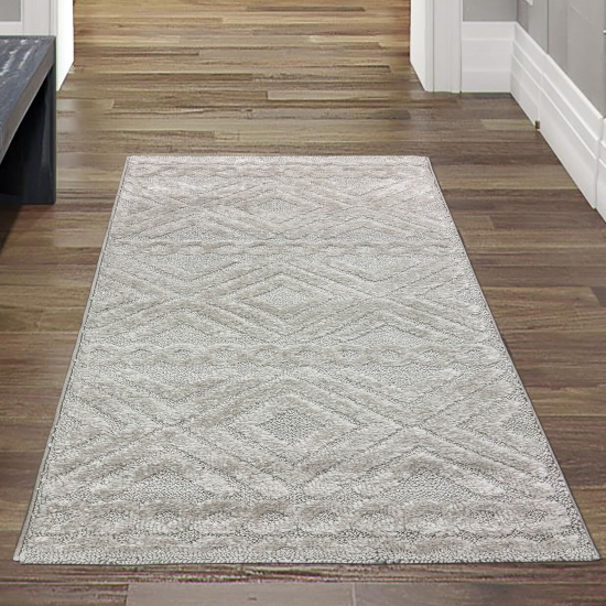 Wohnzimmerteppich Boho Style gemustert mit Rauten und Kreisen in Beige