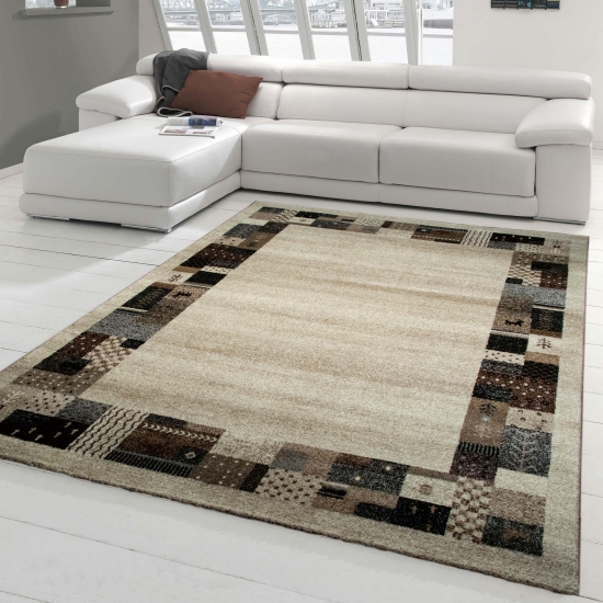 Designer Teppich Moderner Teppich Wohnzimmer Teppich mit Bordüre Design Multicolour in Braun Beige Creme Türkis