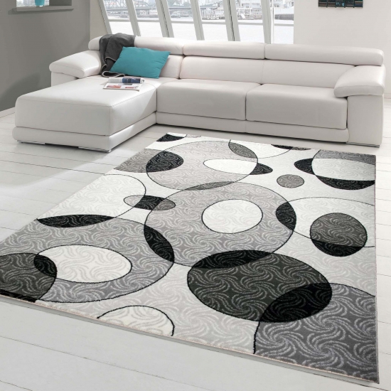 Designer Teppich Moderner Teppich Wohnzimmer Teppich Kreis Muster in Grau Creme Schwarz