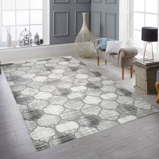 Preview: Moderner Kurzflorteppich mit Ornamentmuster Grau-Beige mit Cremeakzenten Preview: Moderner Kurzflorteppich mit Ornamentmuster Grau-Beige mit Cremeakzenten