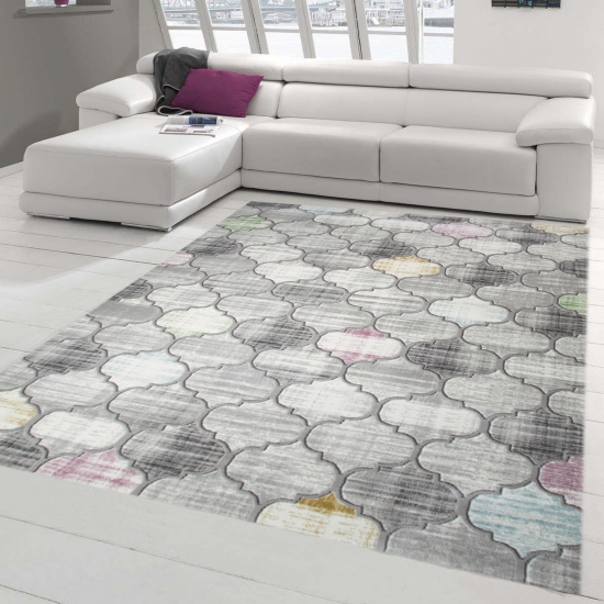 Designer und Moderner Teppich Kurzflor Marokkanisches Muster in Grau Lila Senfgelb