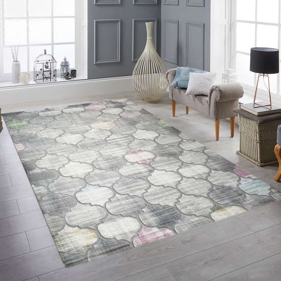 Preview: Moderner Kurzflorteppich mit marokkanischem Muster in Grau mit sanften Farbakzenten Preview: Moderner Kurzflorteppich mit marokkanischem Muster in Grau mit sanften Farbakzenten