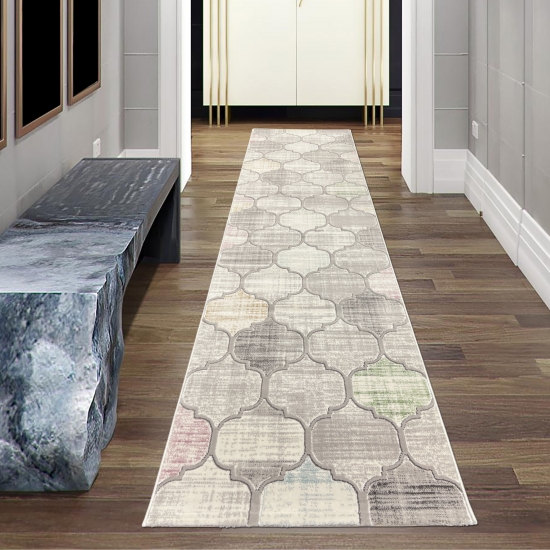 Preview: Moderner Kurzflorteppich mit marokkanischem Muster in Grau mit sanften Farbakzenten Preview: Moderner Kurzflorteppich mit marokkanischem Muster in Grau mit sanften Farbakzenten