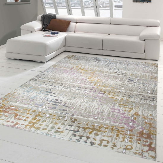 Designer und Moderner Teppich Kurzflor Wohnzimmerteppich in Lila Senfgelb Türkis