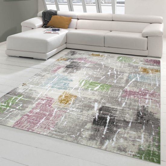 Designer und Moderner Teppich Kurzflor Wohnzimmerteppich in Lila Beige Grün Blau