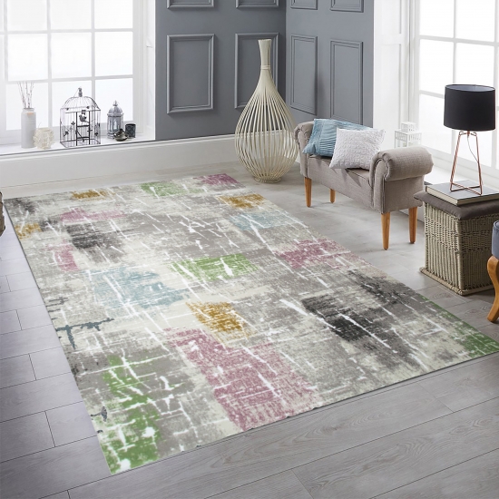 Preview: Moderner Kurzflorteppich Grau-Beige mit farbenfrohen Akzenten Preview: Moderner Kurzflorteppich Grau-Beige mit farbenfrohen Akzenten