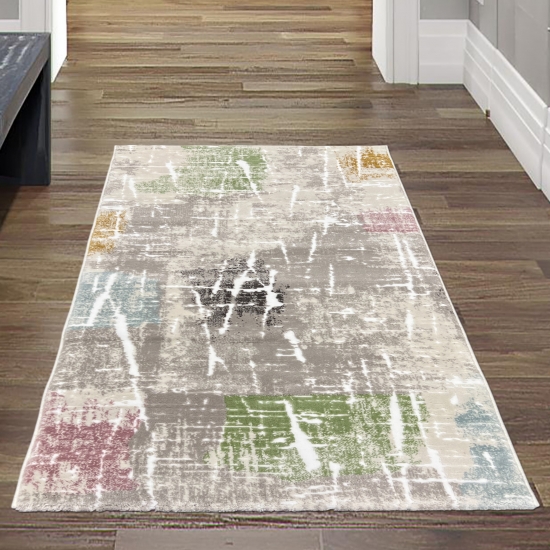 Preview: Moderner Kurzflorteppich Grau-Beige mit farbenfrohen Akzenten Preview: Moderner Kurzflorteppich Grau-Beige mit farbenfrohen Akzenten