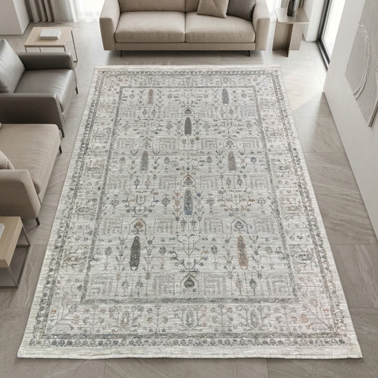 Preview: Teppich Creme mit floraler Ornamentik, Fransen und modernem Design
