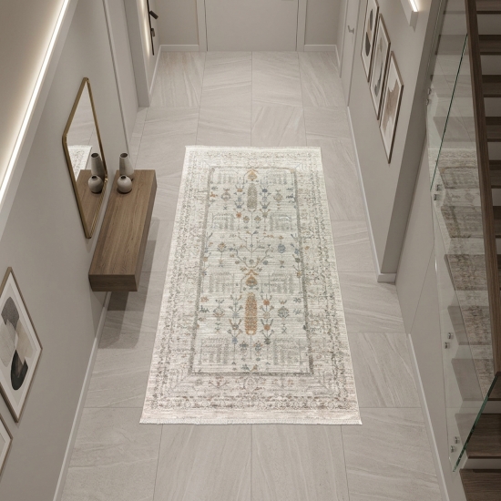 Preview: Teppich Creme mit floraler Ornamentik, Fransen und modernem Design