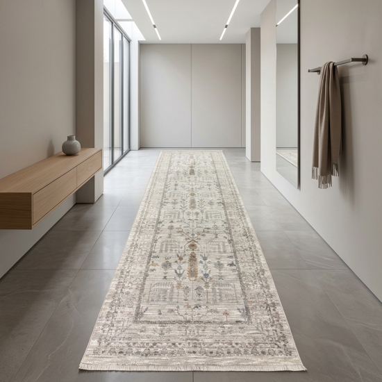 Preview: Teppich Creme mit floraler Ornamentik, Fransen und modernem Design