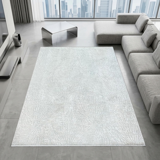 Teppich Creme mit abstraktem Linienmuster, Fransen und modernem Design