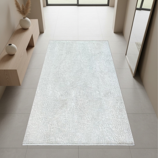 Preview: Teppich Creme mit abstraktem Linienmuster, Fransen und modernem Design