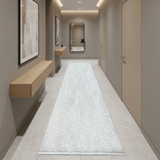 Preview: Teppich Creme mit abstraktem Linienmuster, Fransen und modernem Design