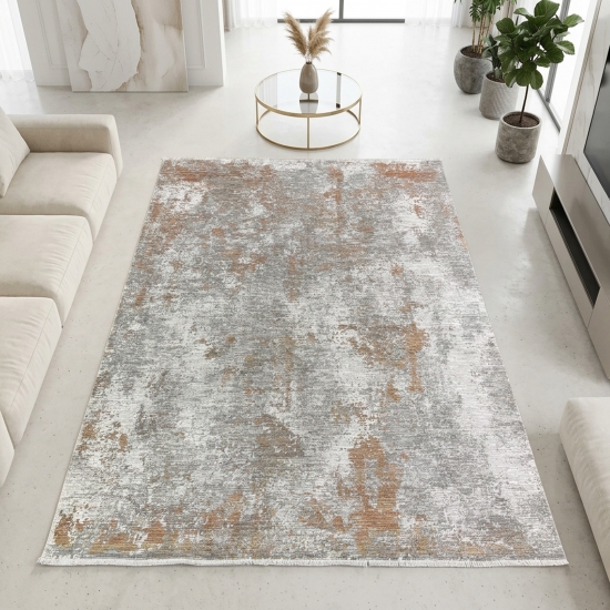 Preview: Teppich Kupfer Grau Creme mit abstraktem Muster und Fransen modern
