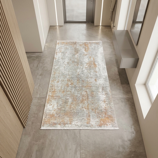 Preview: Teppich Kupfer Grau Creme mit abstraktem Muster und Fransen modern