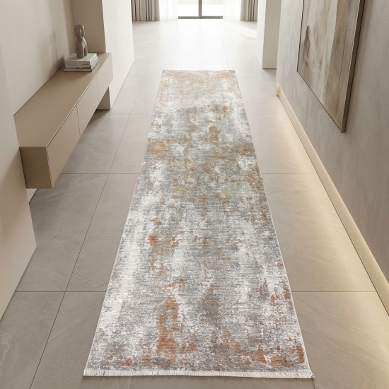 Preview: Teppich Kupfer Grau Creme mit abstraktem Muster und Fransen modern