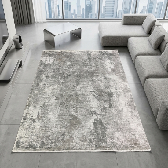 Teppich Grau Creme mit abstrakter Struktur, Fransen und modernem Design