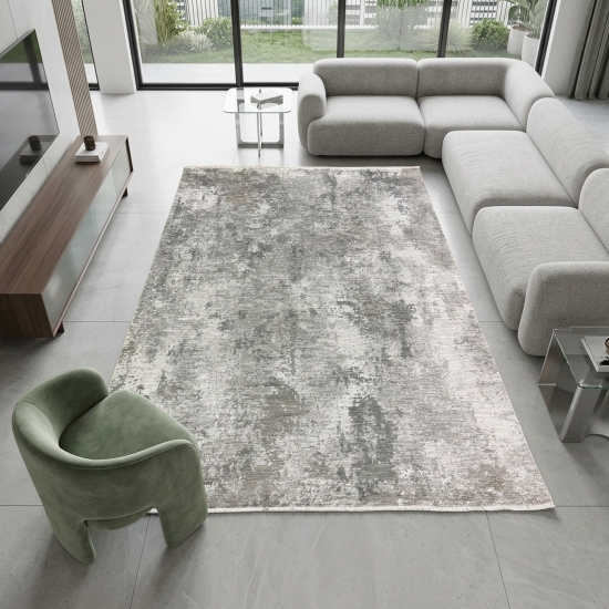 Preview: Teppich Grau Creme mit abstrakter Struktur, Fransen und modernem Design