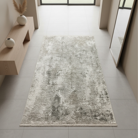 Preview: Teppich Grau Creme mit abstrakter Struktur, Fransen und modernem Design