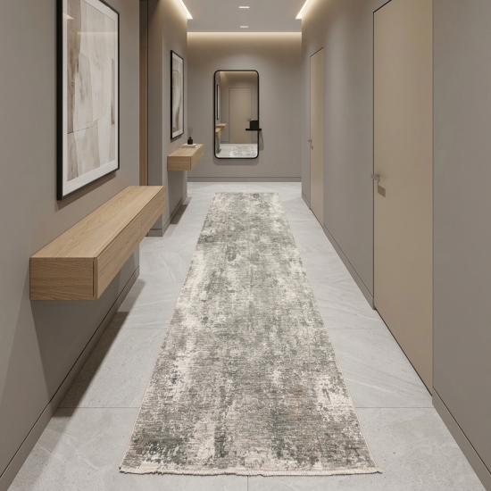 Preview: Teppich Grau Creme mit abstrakter Struktur, Fransen und modernem Design