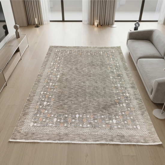 Preview: Teppich Dunkelbeige mit Bordürenmuster, Fransen und modernem Design