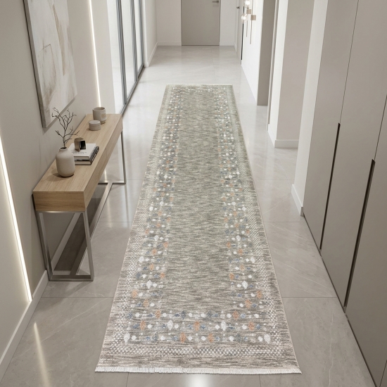 Preview: Teppich Dunkelbeige mit Bordürenmuster, Fransen und modernem Design