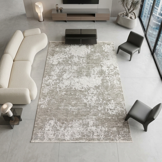 Preview: Teppich Beige Creme mit abstraktem Muster, Fransen und modernem Design
