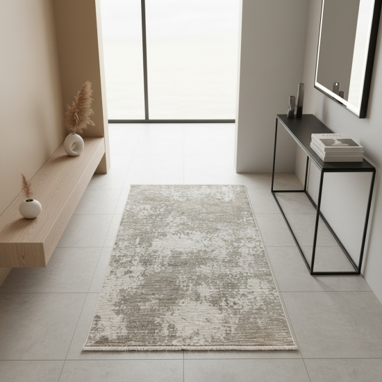 Preview: Teppich Beige Creme mit abstraktem Muster, Fransen und modernem Design