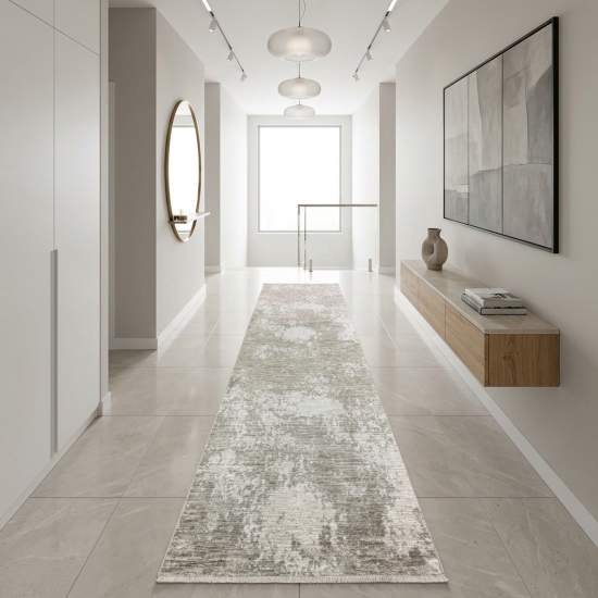 Preview: Teppich Beige Creme mit abstraktem Muster, Fransen und modernem Design