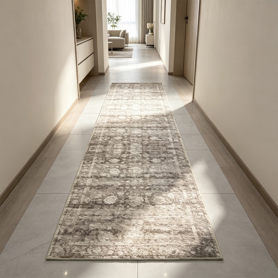Preview: Teppich Beige moderne Ornamentoptik flache Flanelloberfläche