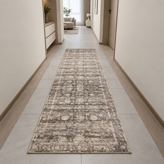 Preview: Teppich Beige moderne Ornamentoptik flache Flanelloberfläche