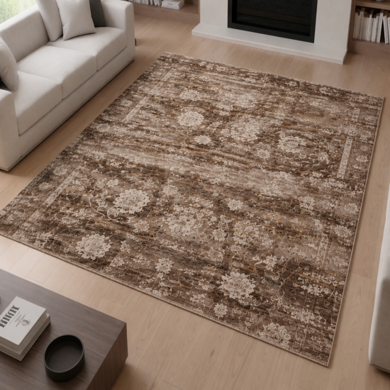 Brauner Teppich Modern mit floralem Vintage-Muster