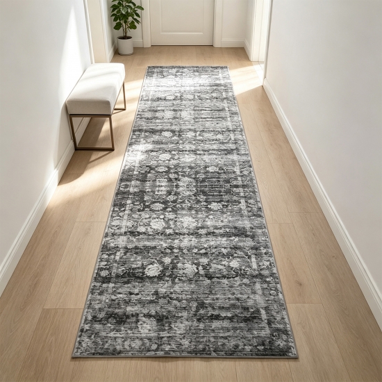 Preview: Teppich Grau Modern mit floralem Vintage-Muster