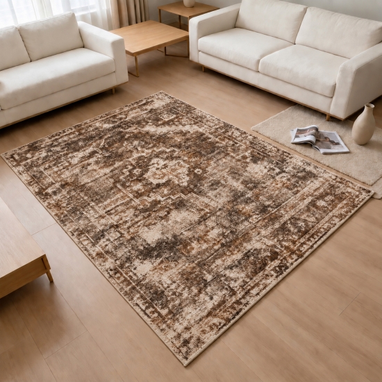 Teppich Braun Vintage-Design Flanelloberfläche mit Ornamentmuster