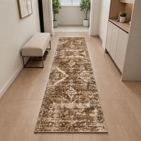 Preview: Teppich Braun Vintage-Design Flanelloberfläche mit Ornamentmuster