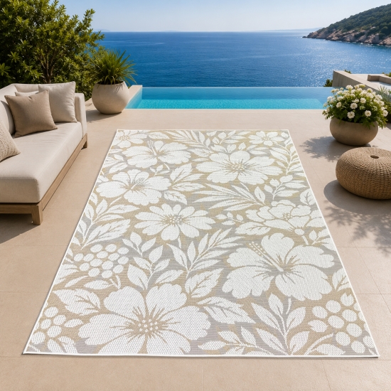 Teppich Beige Creme mit großem Blumenmuster in feiner Sisal-Optik
