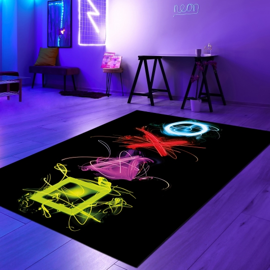 Gaming Teppich mit neonfarbigen Symbolen auf schwarzem Hintergrund