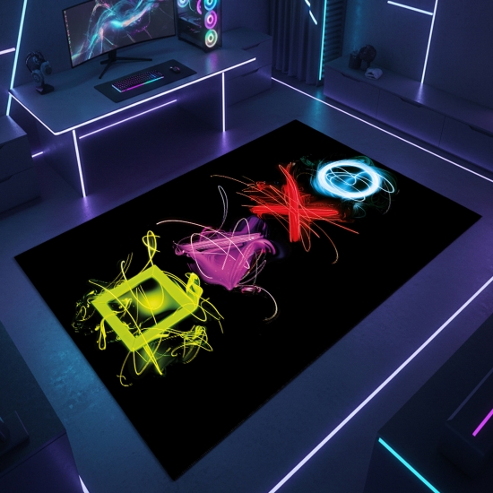 Gaming Teppich mit neonfarbigen Symbolen auf schwarzem Hintergrund
