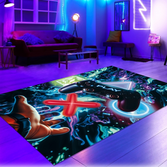 Gaming-Teppich mit lebendigen neon-farbigen Symbolen und schwebendem Controller