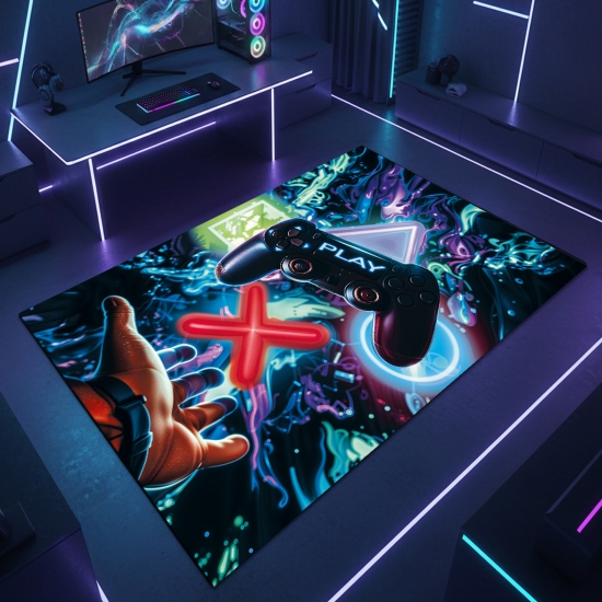 Gaming-Teppich mit lebendigen neon-farbigen Symbolen und schwebendem Controller