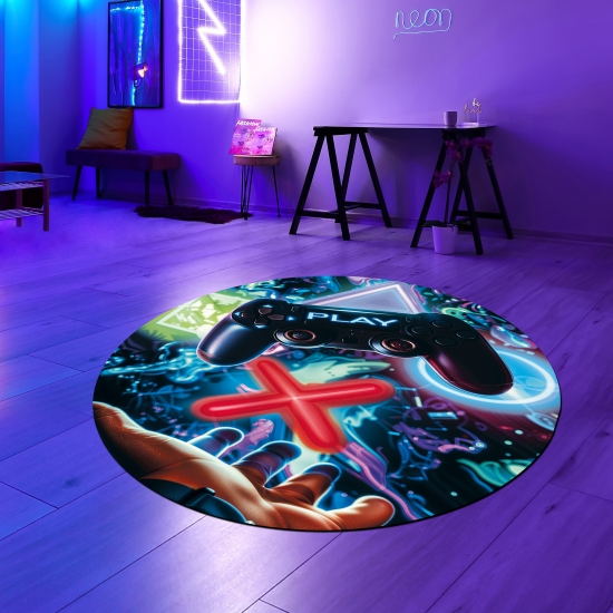 Preview: Gaming-Teppich mit lebendigen neon-farbigen Symbolen und schwebendem Controller