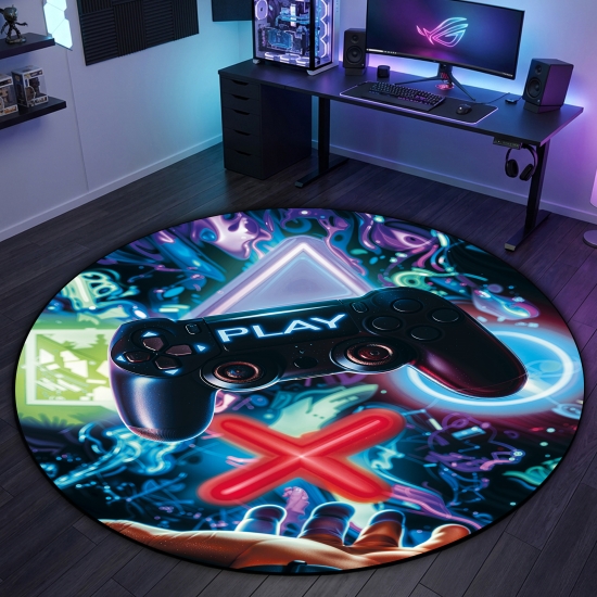 Preview: Gaming-Teppich mit lebendigen neon-farbigen Symbolen und schwebendem Controller