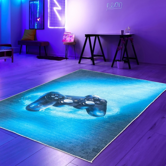 Gaming Teppich mit Joystick und blauem Neon-Strahl