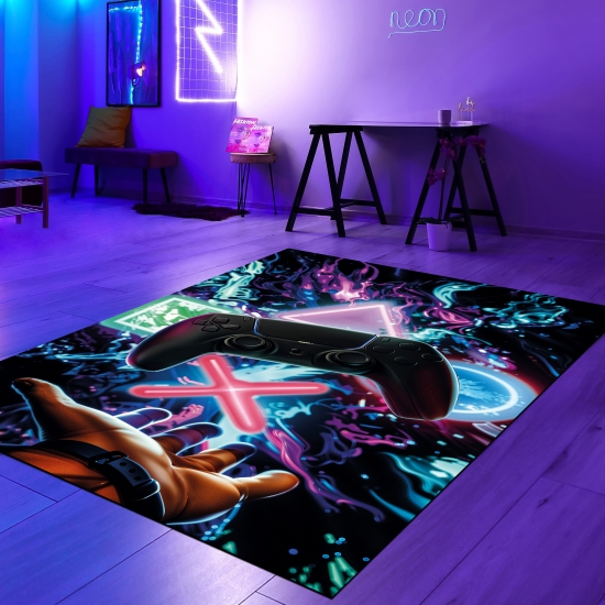 Gaming-Teppich mit lebendigen neon-farbigen Symbolen und schwebendem Controller
