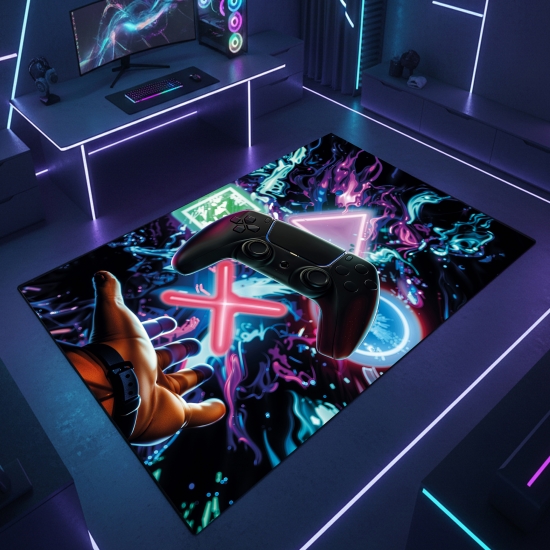 Gaming-Teppich mit lebendigen neon-farbigen Symbolen und schwebendem Controller
