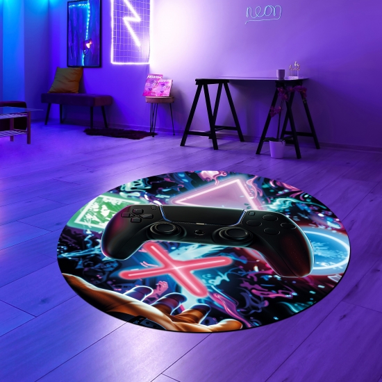 Preview: Gaming-Teppich mit lebendigen neon-farbigen Symbolen und schwebendem Controller