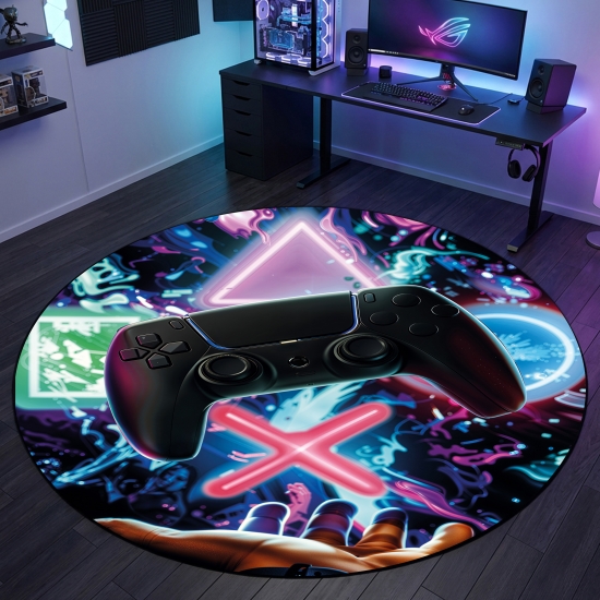 Preview: Gaming-Teppich mit lebendigen neon-farbigen Symbolen und schwebendem Controller