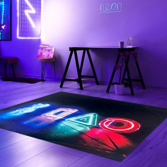 Gamingteppich rutschfest mit Neonfarbenen Symbolen als Muster