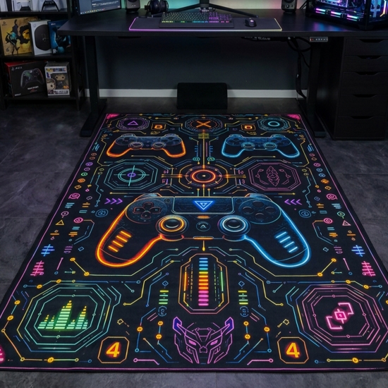 Waschbarer Teppich mit Controller-Motiv in Neonfarben auf schwarzem Grund
