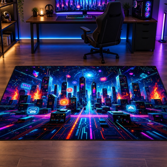 Waschbarer Teppich mit Neonstadt-Motiv in Schwarz Blau und grafischen Lichtlinien